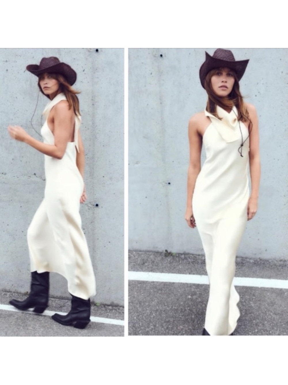 NWT Zara Satin Effect Scarf Halter-neck Long Dress in Cream Ivory Size XS